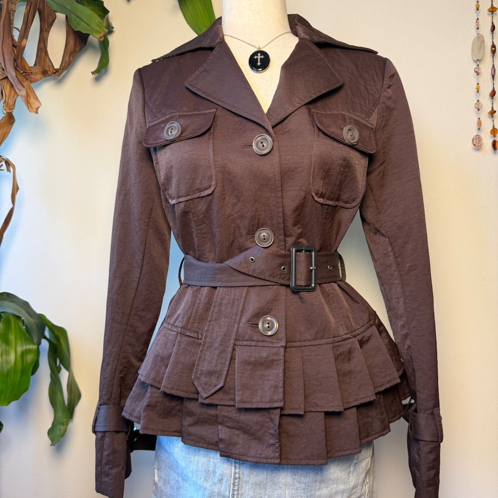 Saga Vintage Brown Satin Ruffle Hem Short Trench Jacket Coquette 90s Office chic